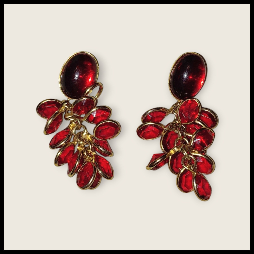 Elegant Red and Gold Bezel Chandelier Earrings - Picture 5 of 6